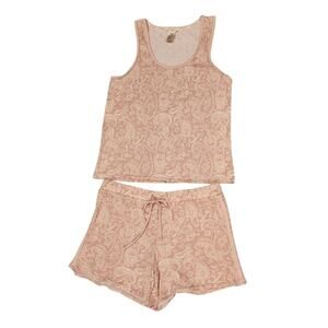 Lucky Brand Pajama Set Tank W Shorts Size L Pink Paisley Sleeveless Knit Soft